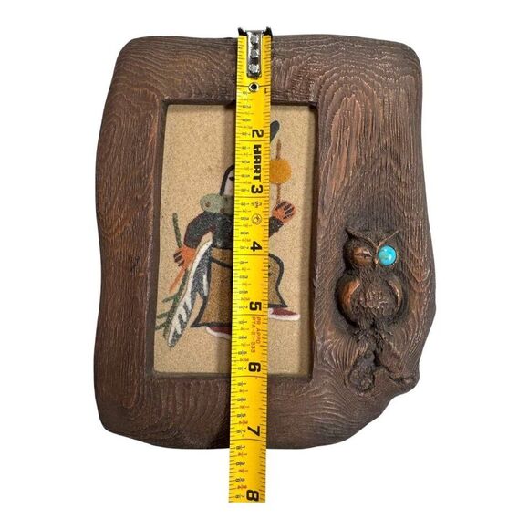 Rustic Wood Picture Frame Native American Sand Art Design & Owl Turquoise Signed - Picture 3 of 5